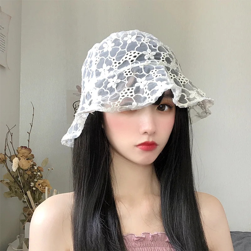 

Fashion Lace Hat Women Soft Lace Flower Wide Brim Sun Hats Floppy Hollow Summer Fisherman Hats Ladies Bucket Hat 2021 New