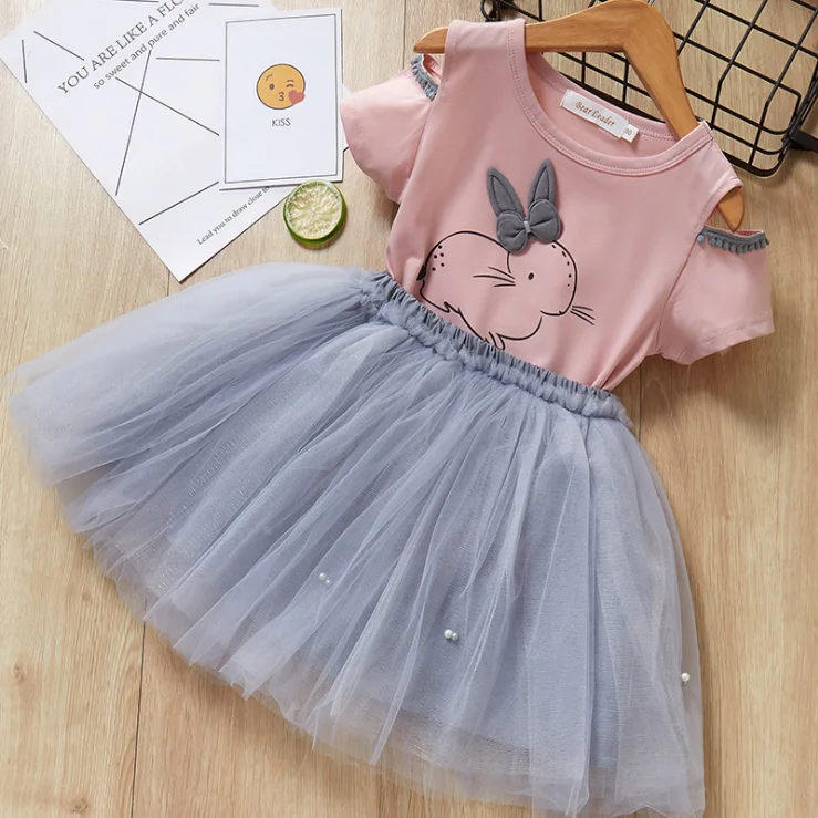 Комплекты для девочек Новая летняя детская футболка с кроликом открытыми