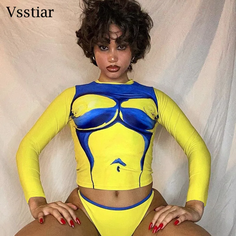 

Vsstiar желтая футболка с О-образным вырезом, с длинным рукавом, повседневный принт, тонкий женский кроп-топ, мода Y2K, уличные футболки, топы, нов...