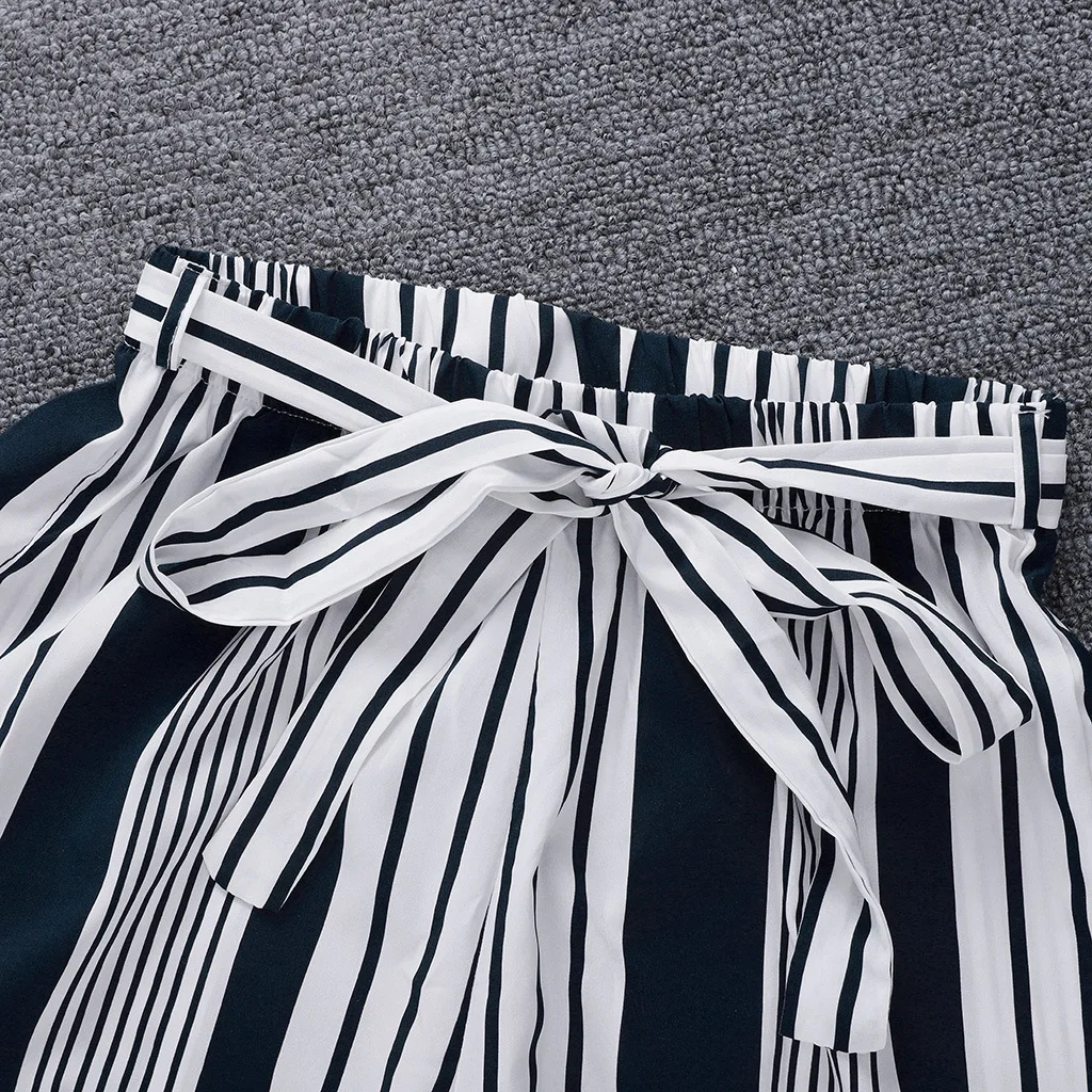 2019 Женские полосатые Широкие штаны с принтом повседневные женские со шнуровкой