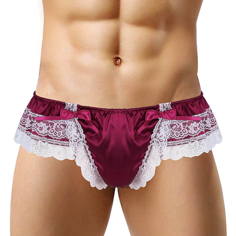 Кружевные стринги с Т-образной спинкой, мужские сексуальные трусы с мешочком для пениса, мужские стринги, бикини, трусы с бантом, одежда для ...