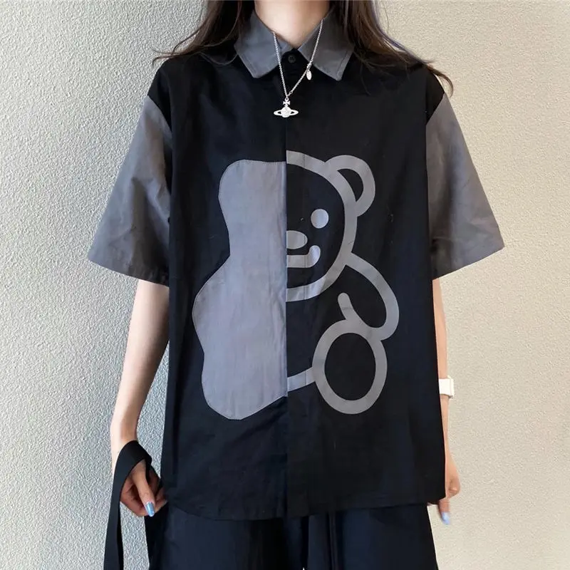 

HOUZHOU Vintage Kawaii Shirt for Girls Summer Harajuku Short Half Sleeve Oversize Korean Style Cute Black Chic Women Blouse