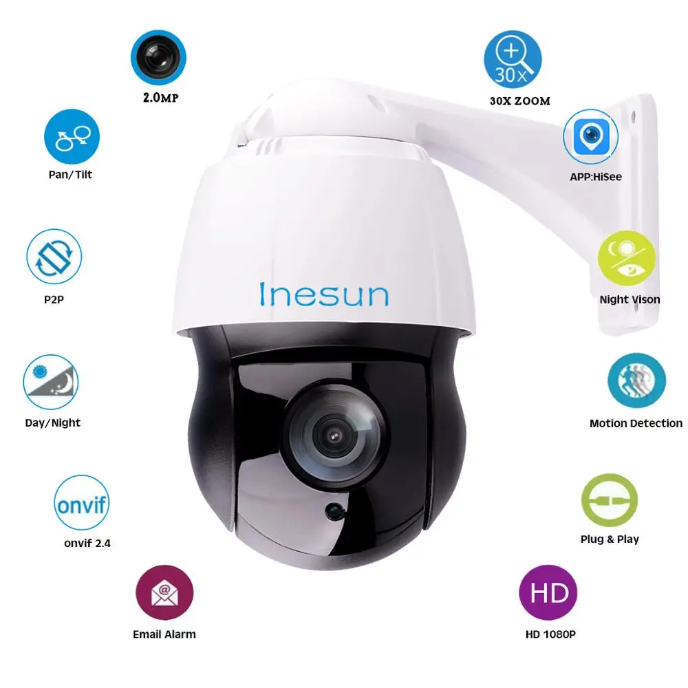Inesun 30X Zoom PTZ IP камера 2MP HD 1080P Высокоскоростная купольная 500 футов Лазерная ИК