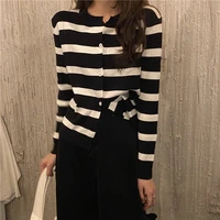 contrasting color striped round neck cardigan long sleeved sweater womens autumn 2021 new style korean loose and thin top