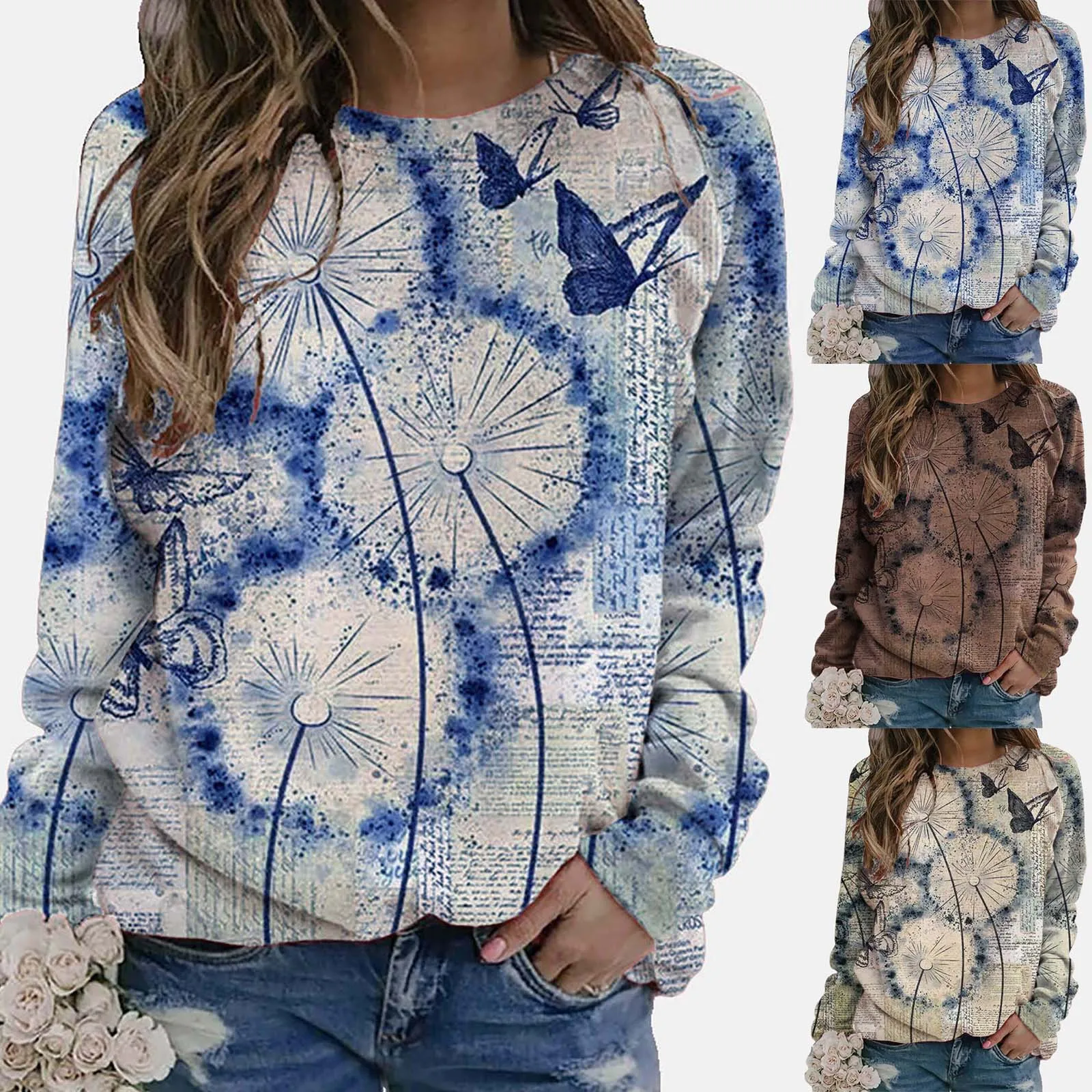Fashion Hoodie Women Sweetshirts Hooded Sweatshirt O-neck Flower Butterfly Printed Long Sleeves T-shirt Sweater Tops Blusas Y2k