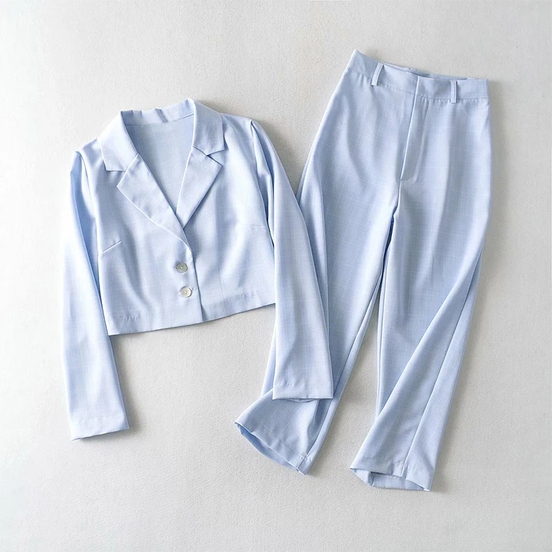 Plaid Blazer Set 2 piece set Single-breasted Short Jacket and high waist Ninth pants women's costumes Women Suits Female Sets |