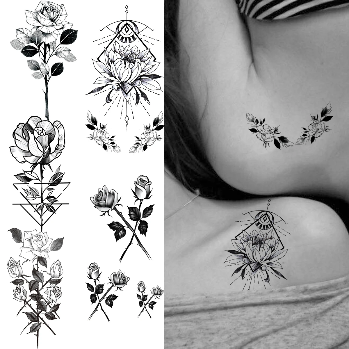 Geometric Henna Sexy Chest Temporary Tattoos For Women Adult Rose Flower Realistic Fake Tattoo Body Art Waterproof Tatoos Decal