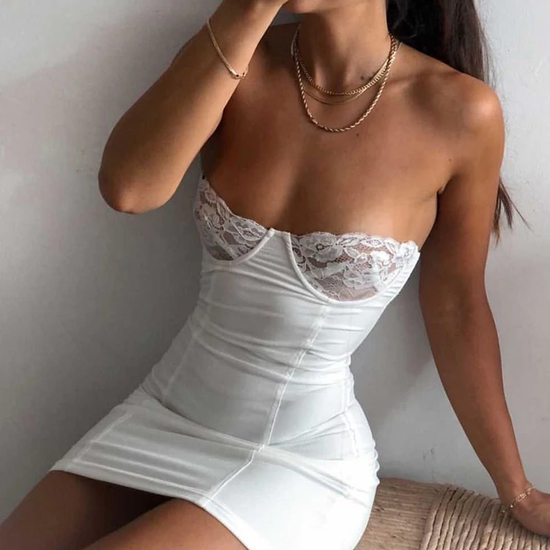 

IAMSURE Sexy Hollow Out Ribbed Party Dress Slim Skinny Patchwork Lace Mini Dress Women 2021 Summer Fashion Night Club Wear 90S