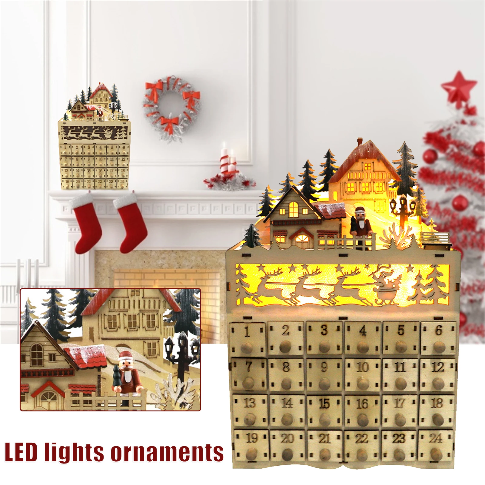 

Новый Рождественский календарь, коробка для хранения, креативный деревянный Рождественский тематический светодиодный светильник, украшен...