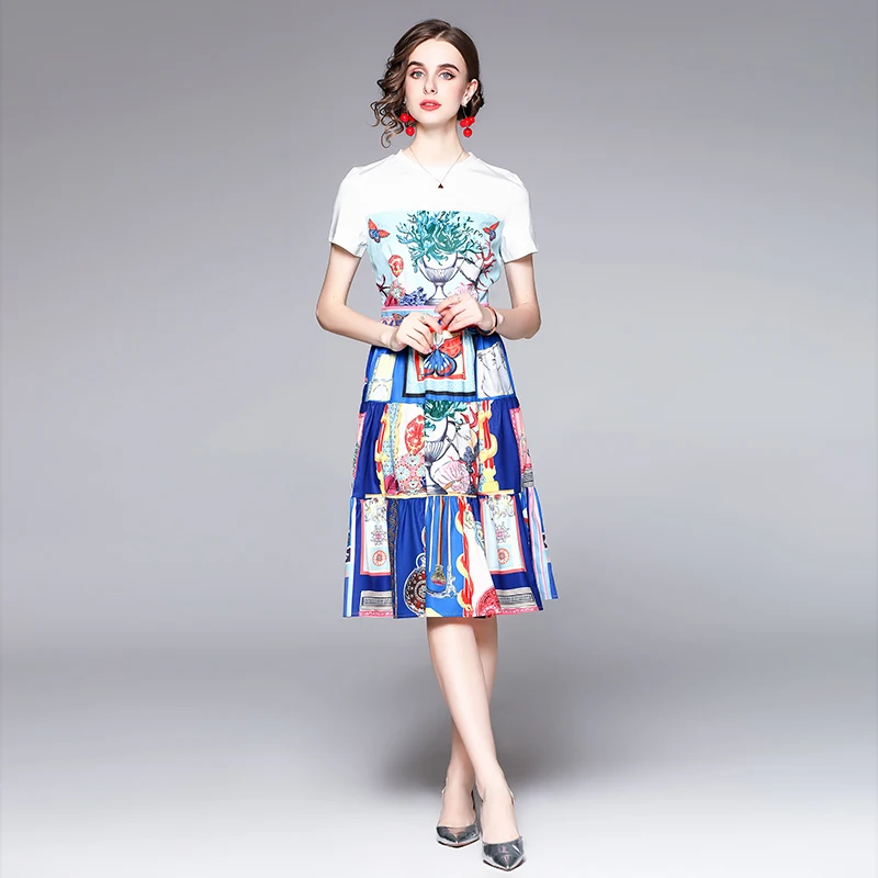 

2022 Summer Women's Dress European Casual Style Round Neck Printed T-shirt Stitching Pleated Dress New Waist Female Dresses X346