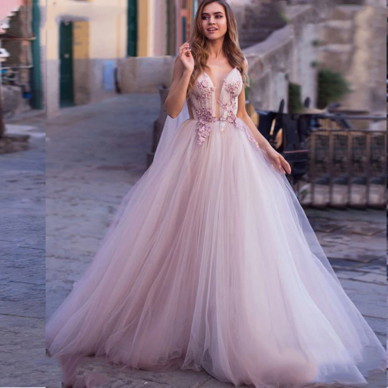 Sexy Sheer Scoop Lilac Princess Wedding Dresses 3D Flower Robe De Mariee Long Shawl Backless Dubai Arabic Long Bridal Gowns 2021
