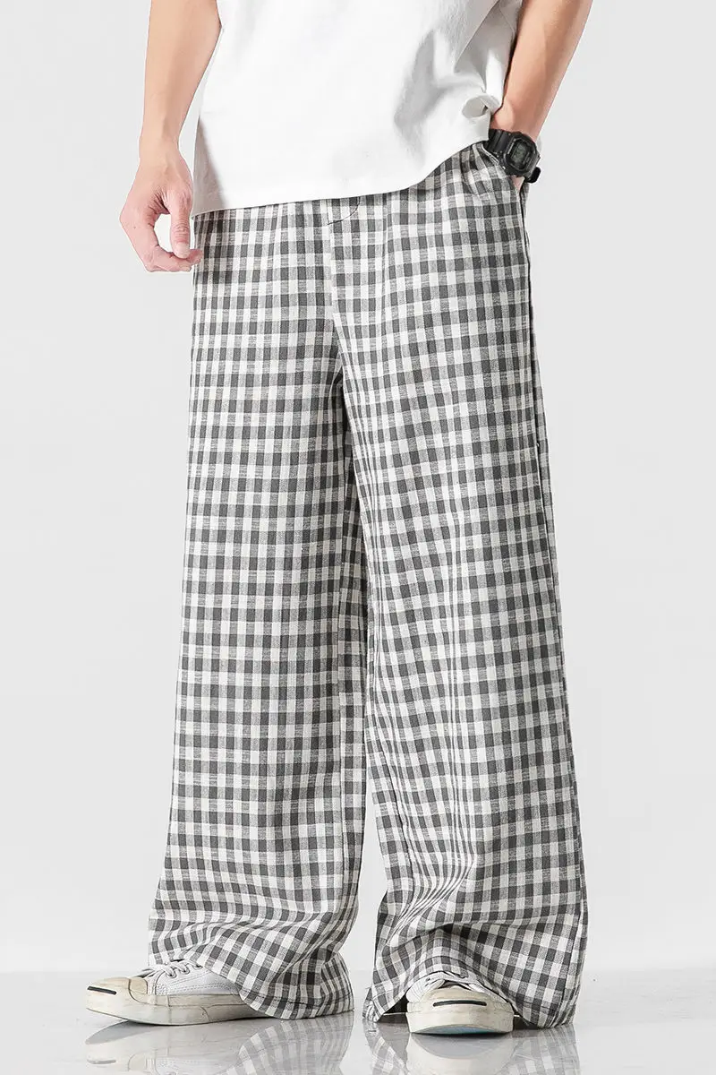

2020 Spring And Summer New Youth Popular Japanese Large Size Cotton And Linen Plaid Harem Pants Fashion Casual Straight Pants