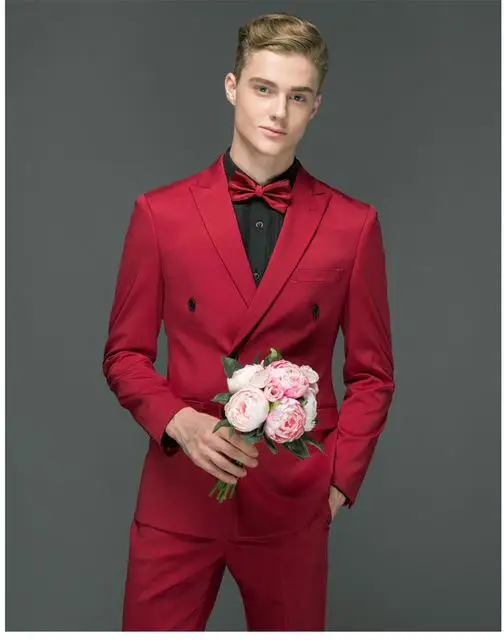 

2020 Latest Design Men's Suit Double Breasted Red Groom Tuxedos Groomsmen Peak Lapel Mens Suits Blazers Two Pieces Jacket Pant