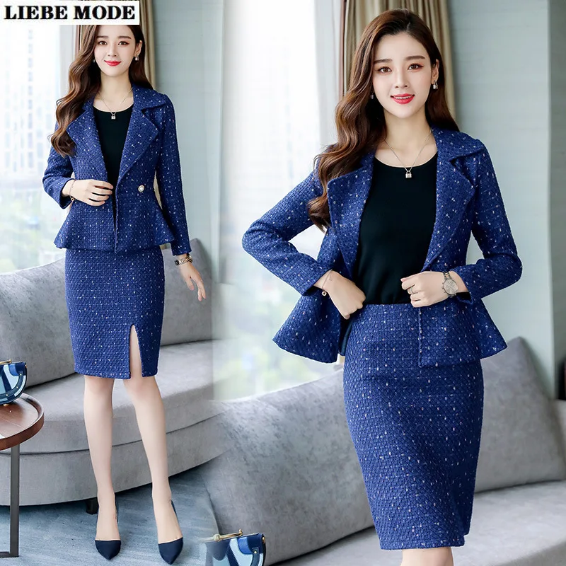 

Womens Tweed Jacket and Skirt Set Office Uniforms Blazer Two Piece Sets British Style Women Formal Knee Length Skirt Suits