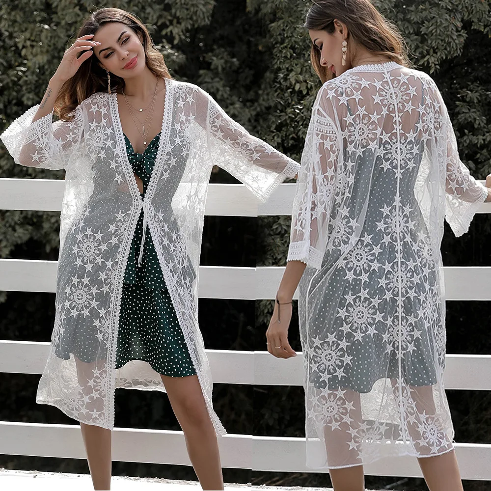 Женский однотонный кардиган с вышивкой в виде пятиконечной звезды рукавом до