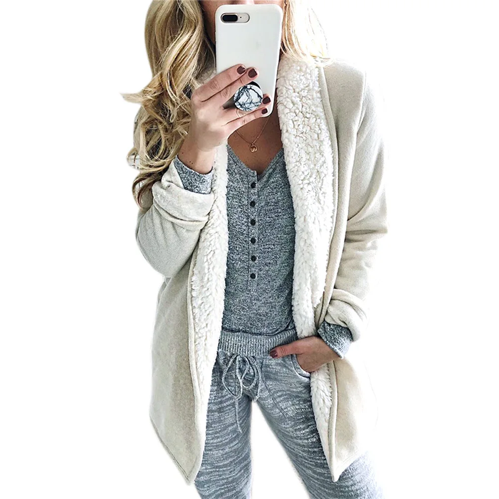 Женские куртки 2019 зимние плюшевые плотные пальто одноцветные с отворотом