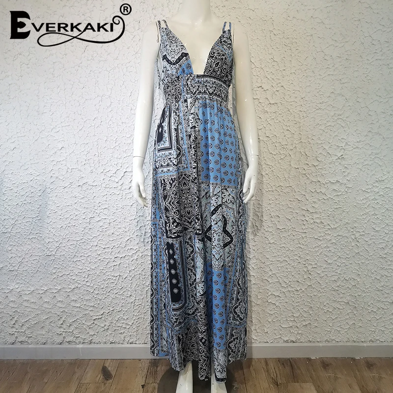 

Everkaki Boho Floral Print Strap Maxi Dress Summer Beach Elastic Waist Flowers Sexy Backless Y2K Split Long Dresses Female 2021
