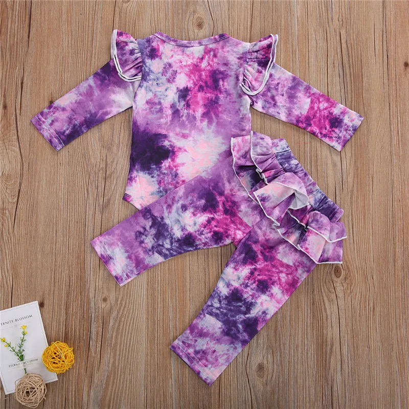 

0-18M Newborn Baby Girls Clothes Long Sleeve Tie-dye Romper+Ruffle Pants Infant Baby Girls 2Pcs Clothing Set