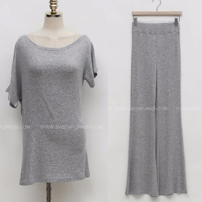 

New Female Fitness Women Two Pieces Sets Summer Short Sleeve Cotton Casual T Shirt Wide Legged Pants Sexy Tops High Waist Suits