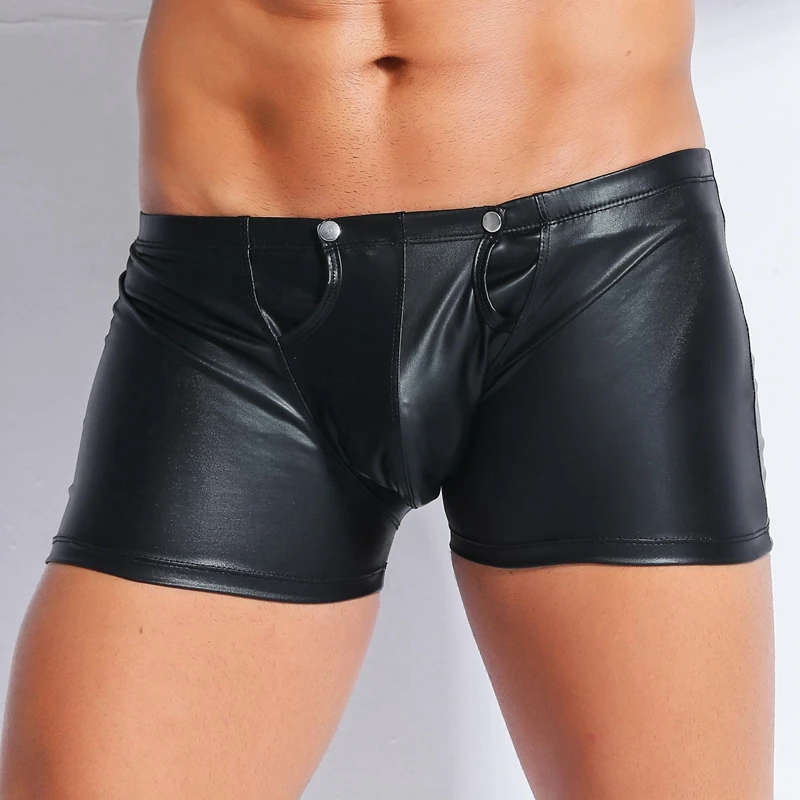 

Men Sexy Faux Leather Short Pants Open Crotch Boxer Shorts Clubwear gay fetish latex shorts Pole Dance Lingerie Erotic Underwear