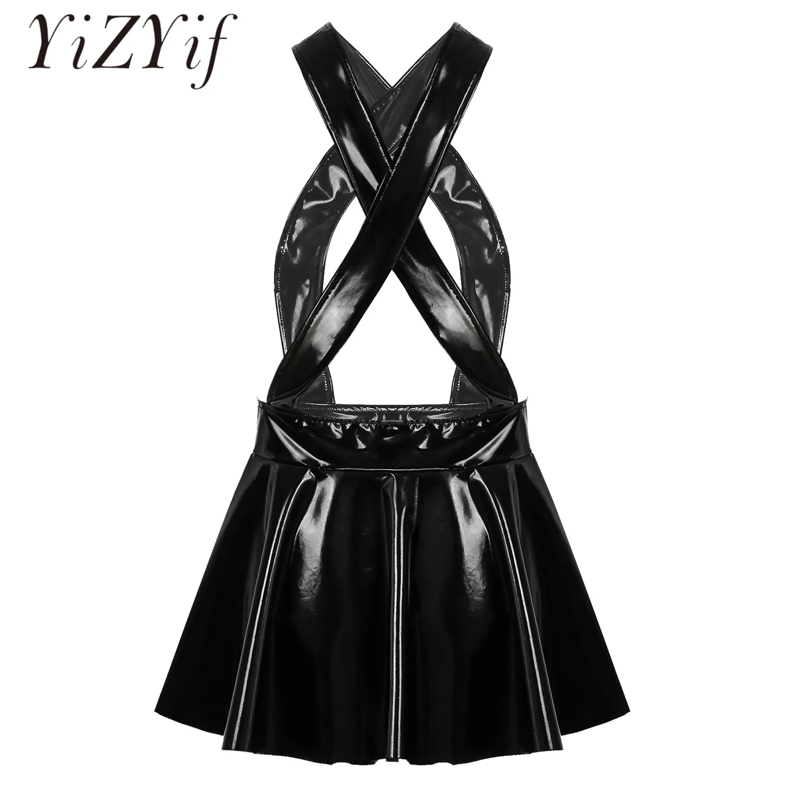 

Black Sexy Womens Rave Clubwwear Patent Leather Flare Miniskirt Suspenders Skirt Crisscross Invisible Zipper Wet Look Dress