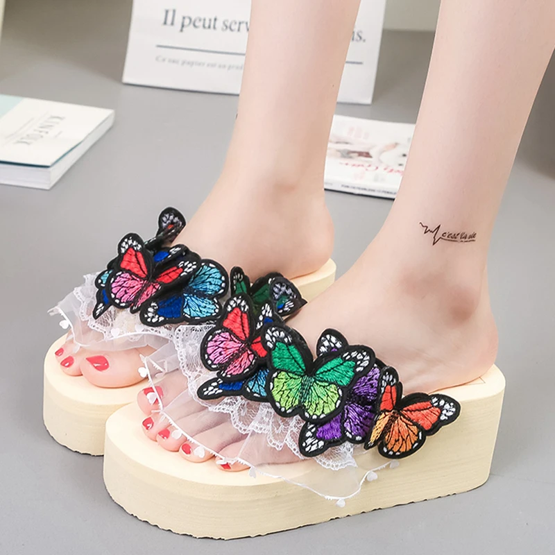 

2021 New Arrivals Women Slippers High Wedges Med Platform Appliques Summer Outside Women Slides