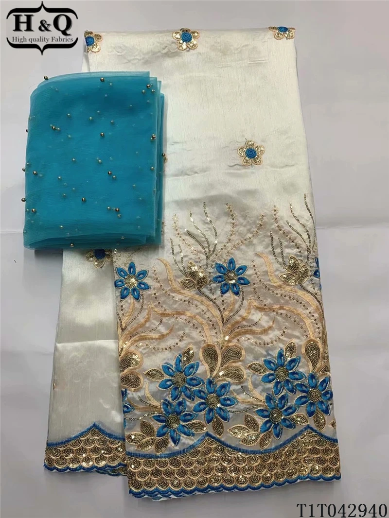 

H&Q 5 yards high quality embroidered african george satin lace fabric matching 2 yards french tulle laces chiffon fabrics GL0522