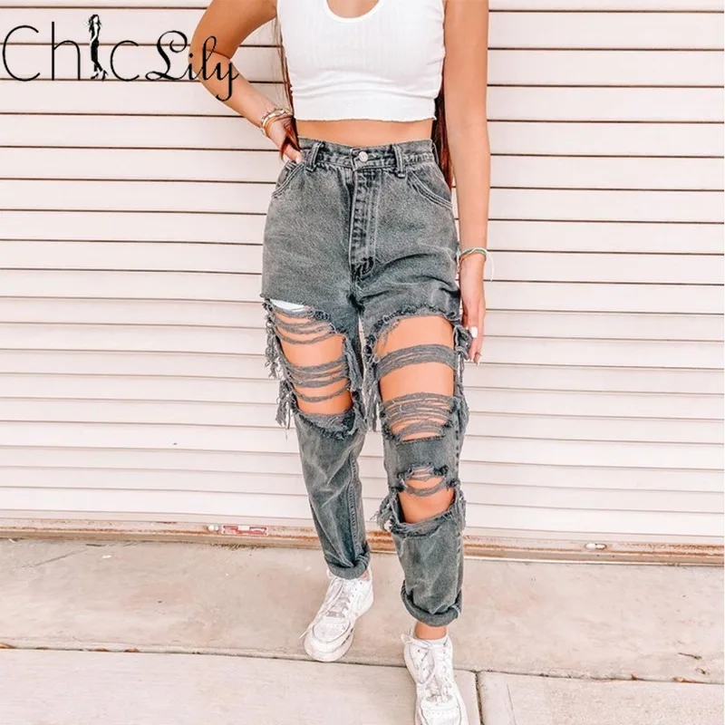 

Chiclily Fashion Loose Destroyed Hole Denim Jeans Casual Vintage Wide Leg Pants Trousers Fall 2020 Women