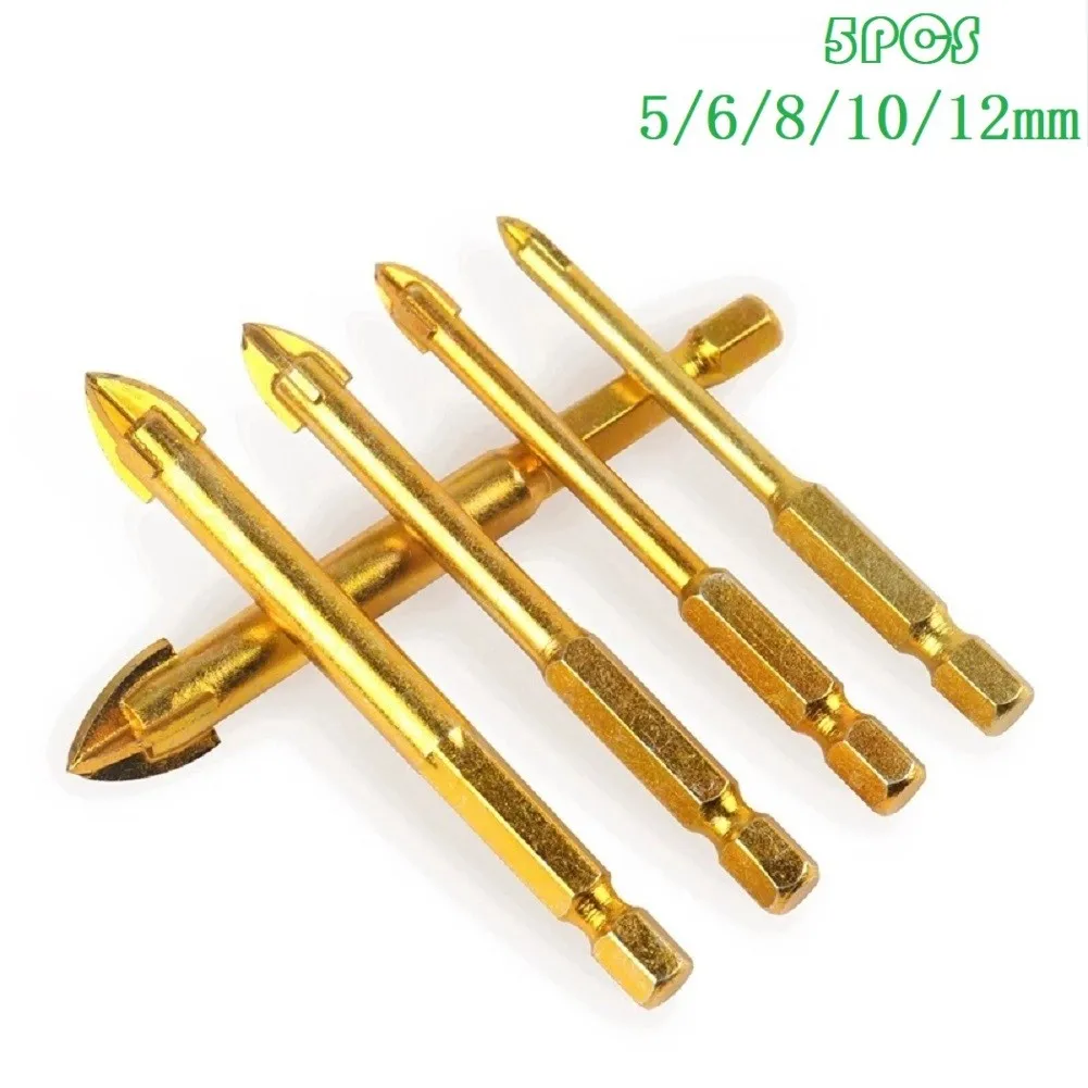 

5pc 5/6/8/10/12mm Titanium Ceramic Tile Glass Wall Hole Opening Drill Bits Spear Head Hex Shank Power Tools Accessories