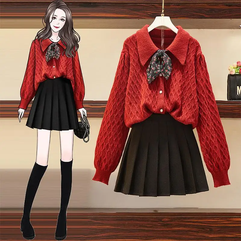 

2021 Women Autumn Winter Elegant Knitted 2 Piece Set Bow Collar Knitting Sweater + Pleated Skirt Set Suits Y259