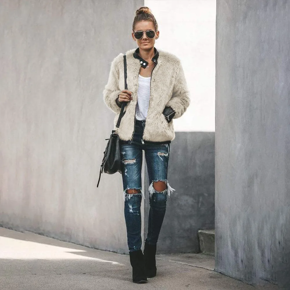 Oversize  Coats Women Warm Teddy Bear Fleece Leather Patchwork Pocket Long Sleeve Slim Jacket Zip Up Oversize Outwear