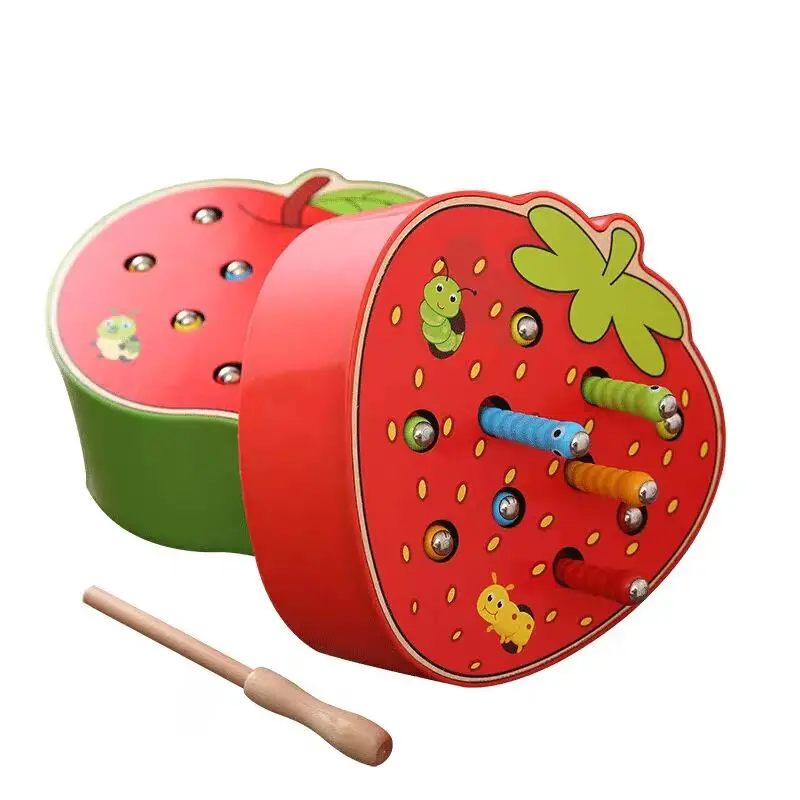 Wooden 3d Puzzle Educational Toys Magnetic Strawberry Apple Catch Worm Color Cognitive Fine Motor Skill Toy