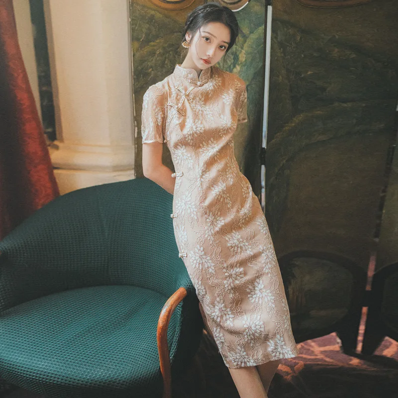 Ретро улучшилось платье ципао в китайском стиле Женская летняя обувь Элегантное