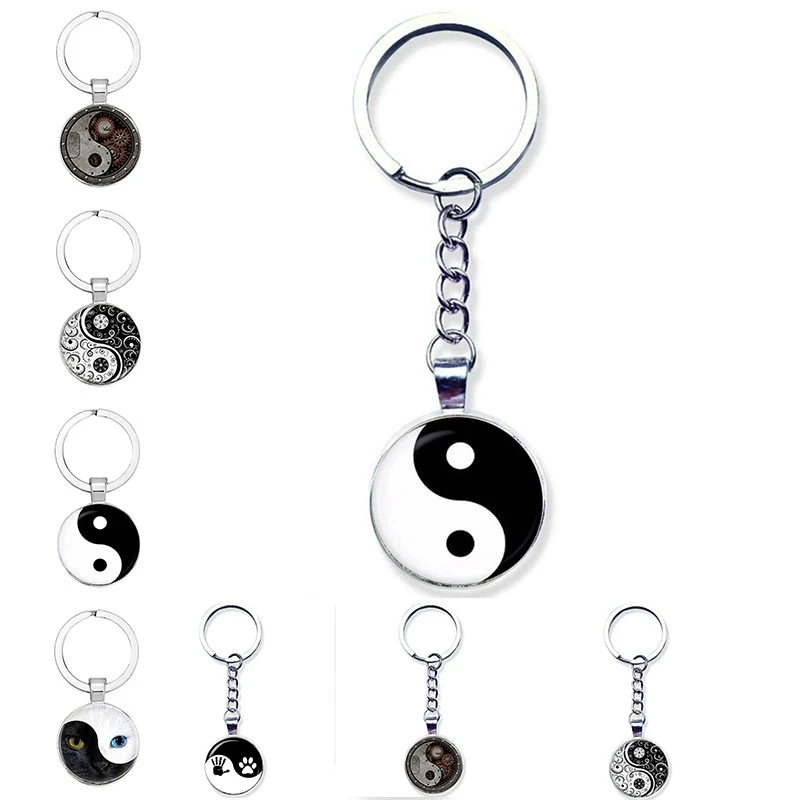 

SONGDA Black White Yin Yang Key Chain Best Friend Dog Paw & Baby Hand Print Glass Cabochon Purse Bag Pendant Tai Chi Key Ring