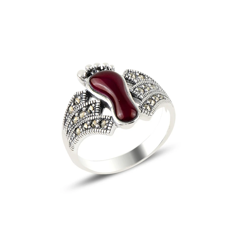 

Silverlina Silver Red Agate & Marcasite Stone Footprint Ring