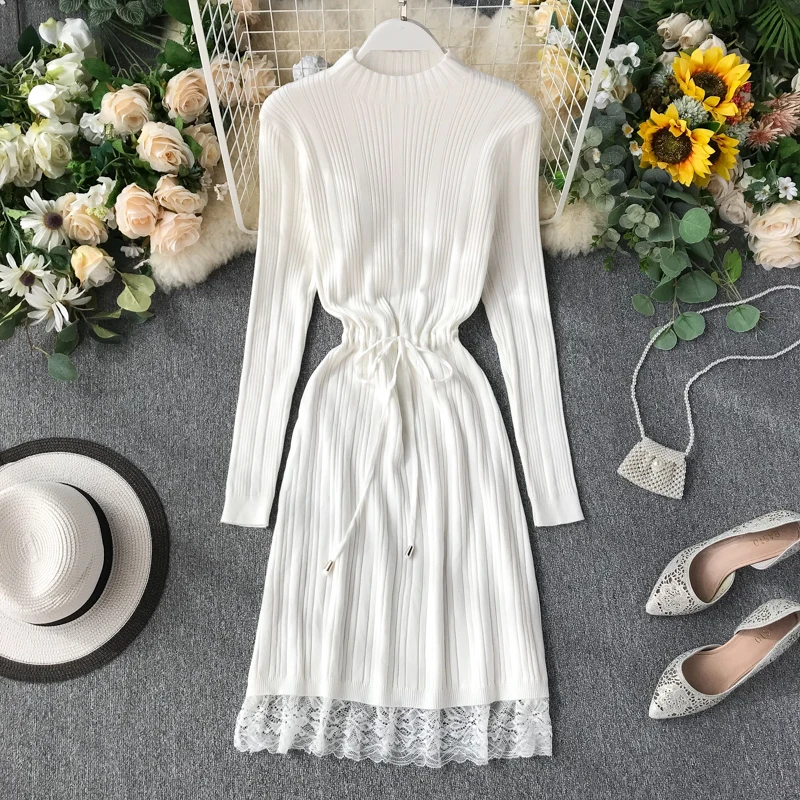 Женское трикотажное платье ALPHALMODA в стиле ретро с кружевным подолом и поясом