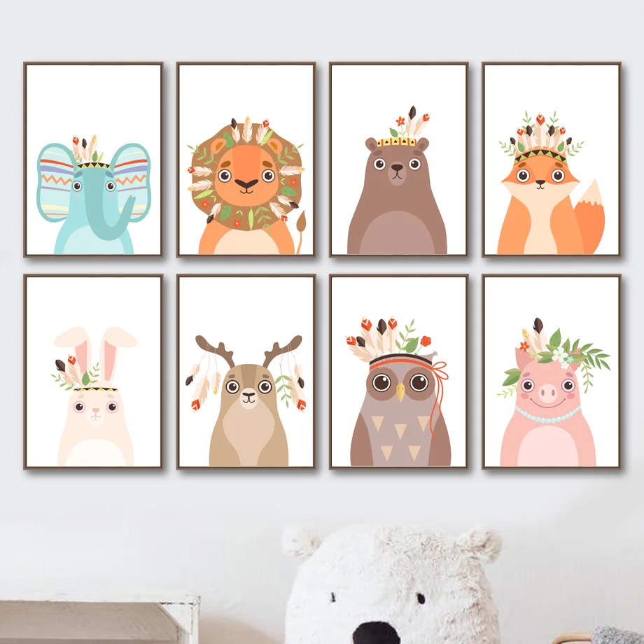 

Cartoon Elephant Lion Fox Rabbit Dog Bear Deer Wall Art Canvas Painting Nordic Posters And Prints Wall Pictures Kids Room Decor
