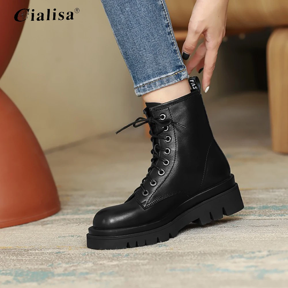 

CIALISA Boot Genuine Leather Handmade Round Toe High Heel Women Shoes 2020 Fashion Chunky Heel Black Warm Lace Up Ankle Boot