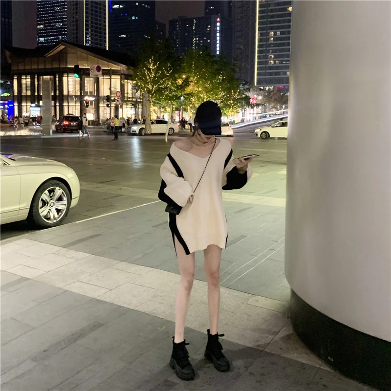 

autumn and winter Japanese style soft wind loose and thin, versatile V-neck medium length knitted sweater women's wear