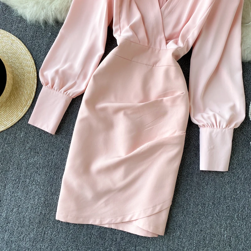 

Autumn Spring 2021 Sexy Deep V-Neck Pink Dress Women Elegant Lantern Long Sleeve High Waist Sweet Vestidos Female New Fashion
