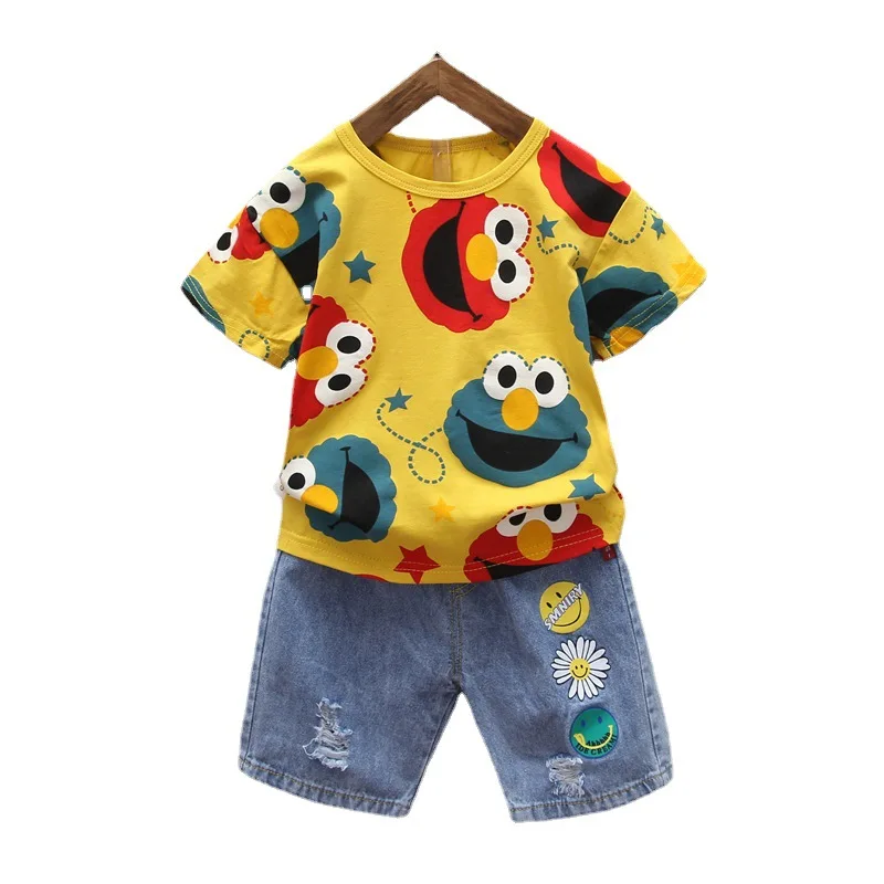 

New Baby Boys Fashion Clothing Sets Summer Kids Girls Cute Full Print Cartoon T-Shirt+Denim Shorts Suit Toddler Boy Clothes