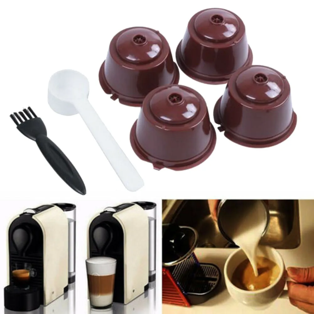 4pcs Refillable Reusable Coffee Capsules Filter with Spoon Brush for Dolce Gusto kitchen and coffee shop supplies
