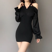 modx 2021 women satin long sleeve off shoulder neck mounted mini dress elegant solid black bodycon casual dress sexy streetwear