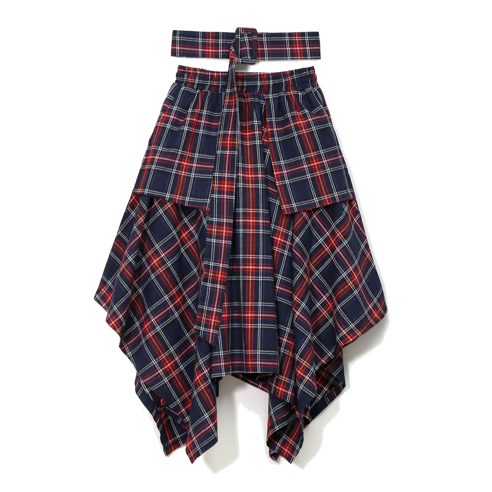 

Korean Style Woman Red Plaid Asymmetrical Skirt Sashes High Waist Midi Belted Ladies Casual Unique Irregular Checker Skirt 3027