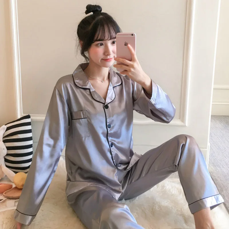 New Home Clothes for Girl Solid Long Pyjamas Turn-down Collar Women Sleepwear Plus Size Lingerie Femme Silk Pajamas Set 4XL 5XL