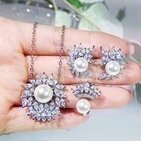 new temperament high end inlaid zircon freshwater pearl shell beads pendant earrings open ring womens 925 silver set decoration