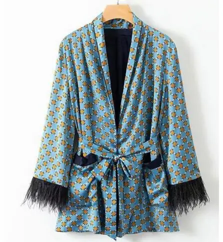 

2022 Blue Kimono Printed Kimono Jacket with Feather Sleeves Wide Leg Loose Cuasal Trousers Women Vintage Clothing Suits