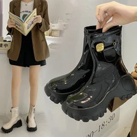 platform punk style ankle boots women pin buckle back zipper black boots patent leather casual increase motorcycle boots women