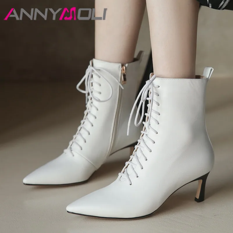 

ANNYMOLI High Heel Ankle Boots Woman Boots Lace Up Pointed Toe Short Boots Zip Stiletto Heel Ladies Shoes Autumn Winter White 43