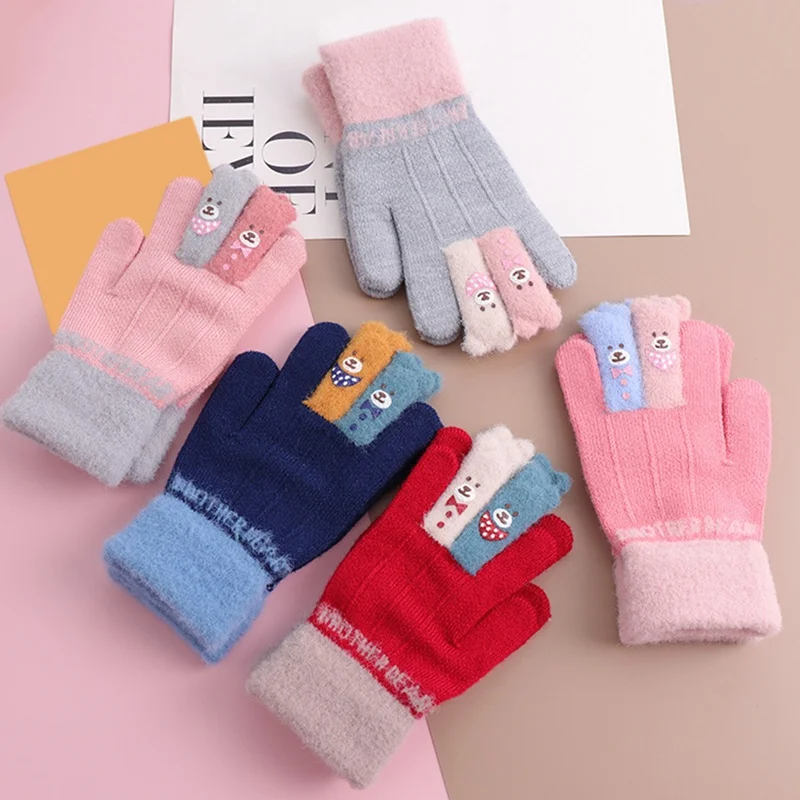 2019 милые зимние детские вязаные перчатки с медведем пятью пальцами новые теплые